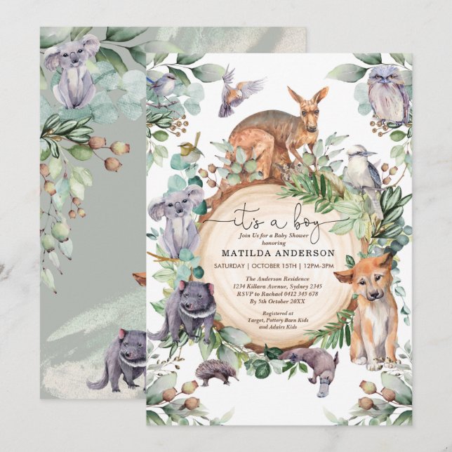 Australian Animals Greenery Eucalyptus Baby Shower Invitation (Front/Back)