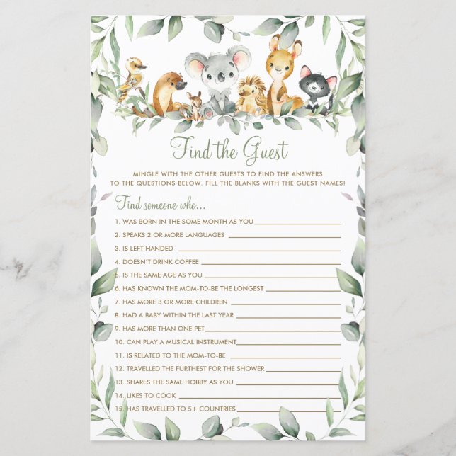 Australian Animals Greenery Find the Guest Game  (Front)