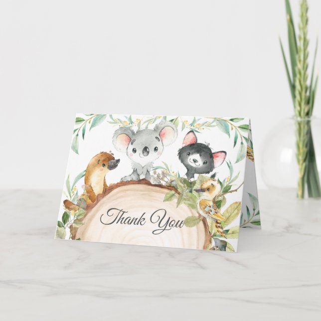 Australian Animals Greenery Neutral Baby Shower Thank You Card (Front)