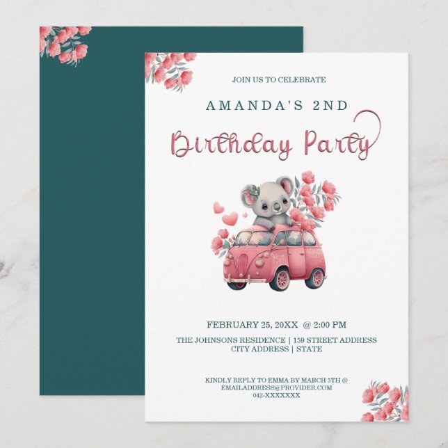 Australian Animals Koala Blue BIRTHDAY  Invitation (Front/Back)