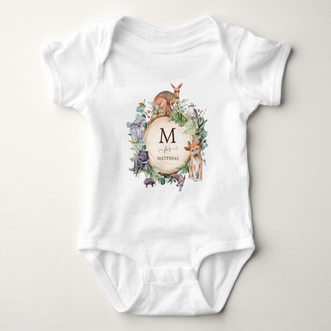 Australian Animals Native Greenery Boy Monogram Baby Bodysuit (Front)