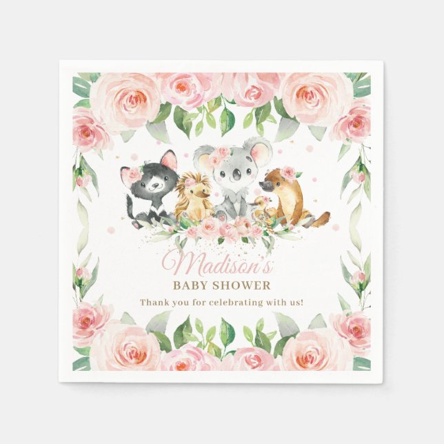Australian Animals Pink Floral Girl Baby Shower Napkin (Front)