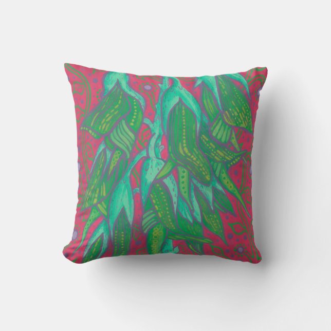 Australian Bird Flower, Tropical Floral Green Pink Throw Pillow (Front)