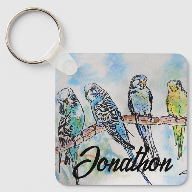 Australian Birds Budgie Watercolor Art Key Ring (Front)