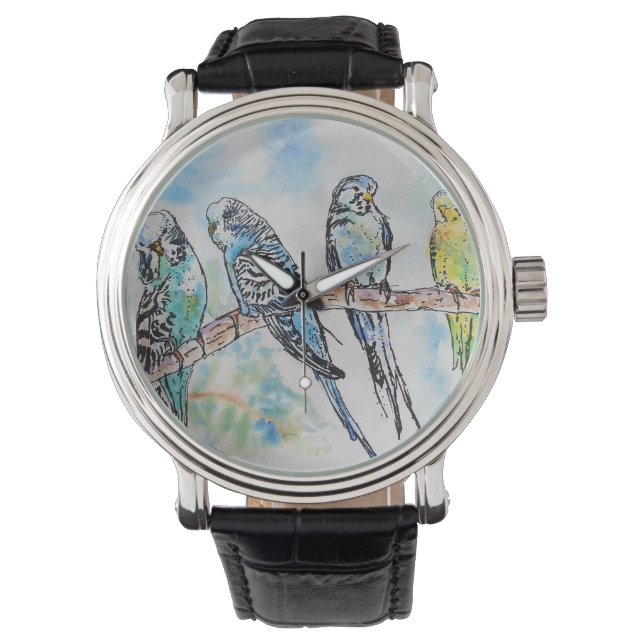 Australian Birds Budgie Watercolor Art Key Ring Watch (Front)