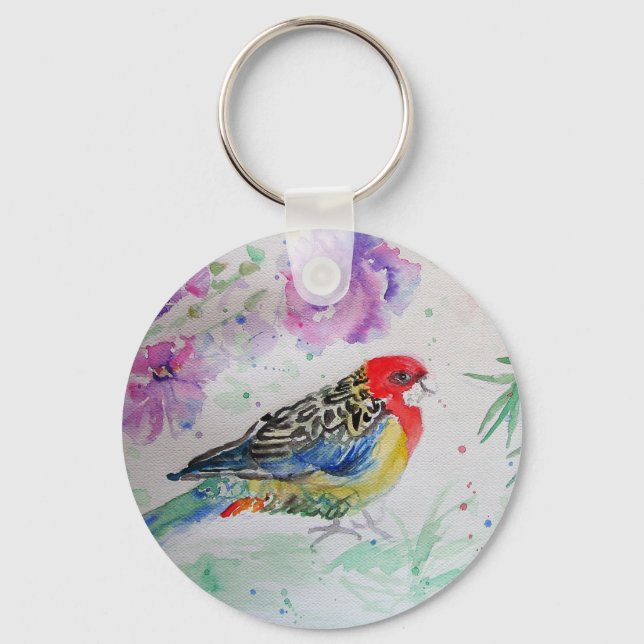 Australian Birds Rosella Parrot Watercolor Keychain (Front)