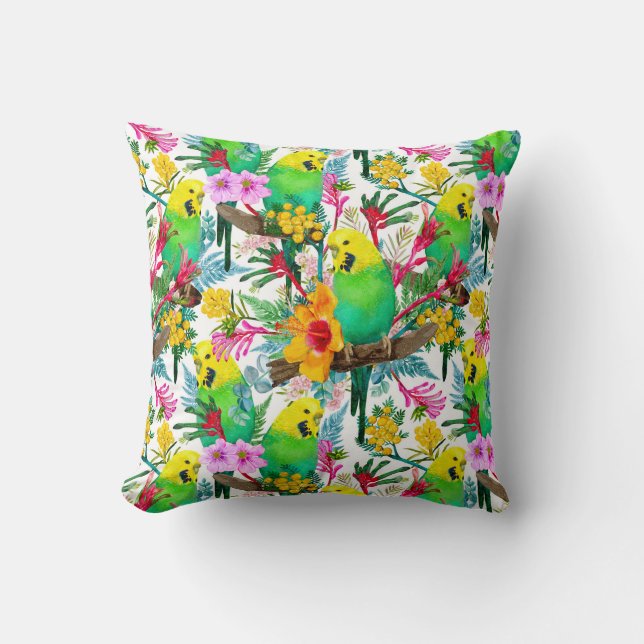 Australian Budgerigar Wildflower Pattern Throw Pillow (Front)