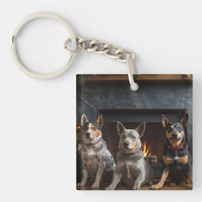 Australian Cattle by the Fireplace Christmas Keychain (Front)