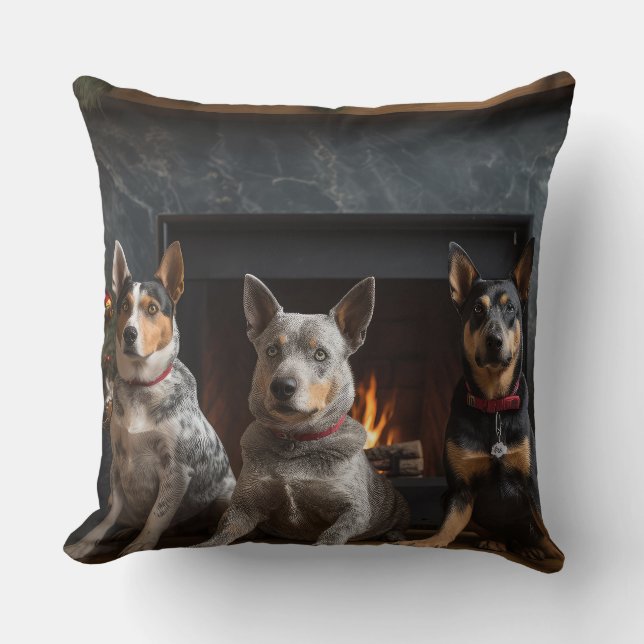Australian Cattle by the Fireplace Christmas Throw Pillow (Front)