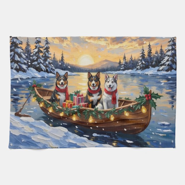 Australian Cattle Dog Christmas Boat Holiday Kitchen Towel (Horizontal)