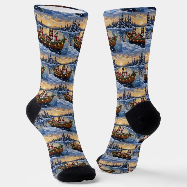 Australian Cattle Dog Christmas Boat Holiday Socks (Angled)
