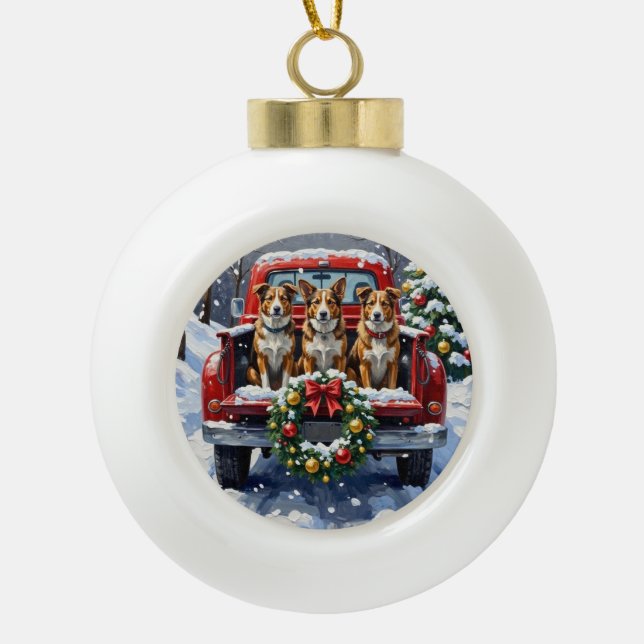 Australian Cattle Dog Christmas Red Truck Holiday Ceramic Ball Christmas Ornament (Front)