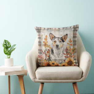 Australian Cattle Dog Fall Watercolor Flowers Throw Pillow