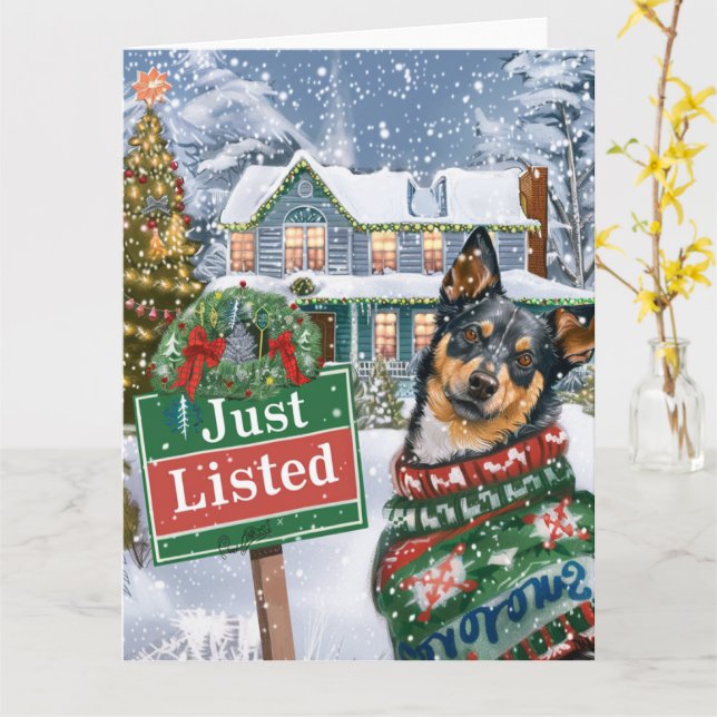 Australian Cattle Dog Festive Realtor Christmas Card (Yellow Flower)