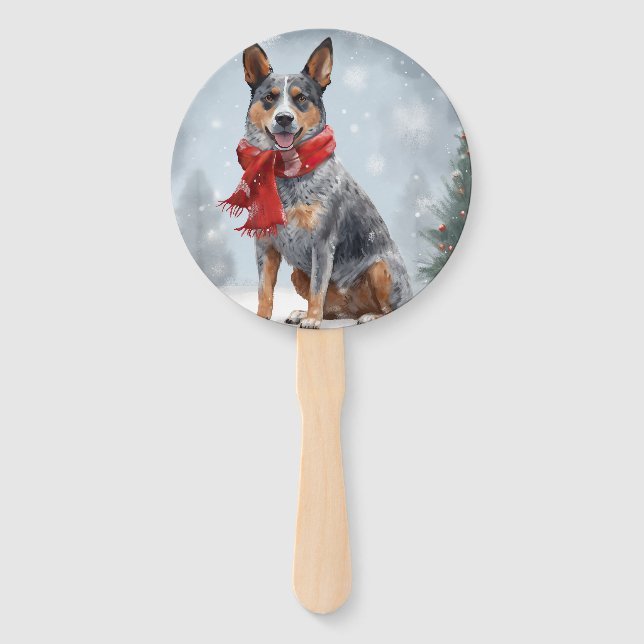 Australian Cattle Dog in Snow Christmas  Hand Fan (Front)