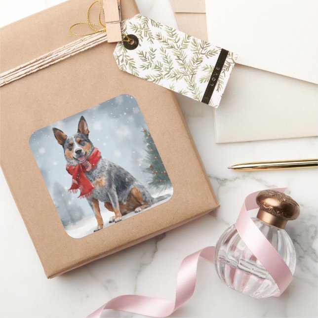 Australian Cattle Dog in Snow Christmas  Square Sticker (Gifting)