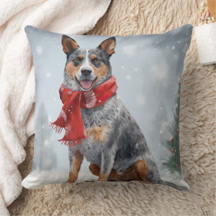 Australian Cattle Dog in Snow Christmas Throw Pillow