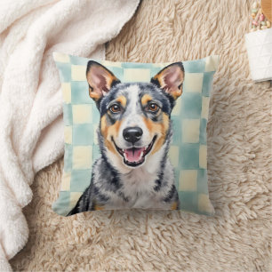 Australian Cattle Dog Watercolor Check Pattern Art Throw Pillow