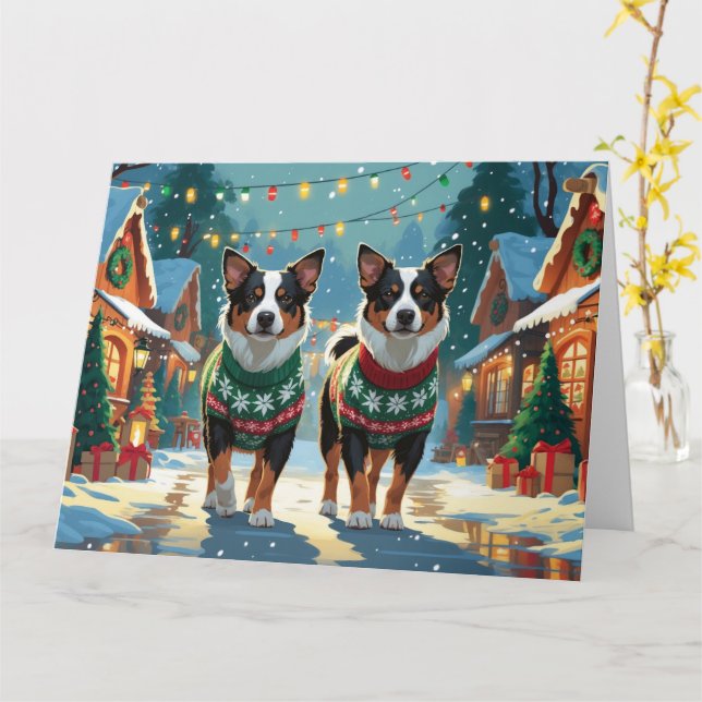 Australian Cattle Dogs Christmas Snow Holiday Card (Yellow Flower)