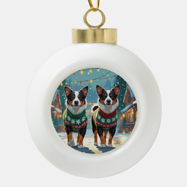 Australian Cattle Dogs Christmas Snow Holiday Ceramic Ball Christmas Ornament (Front)