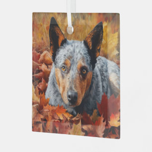 Australian Cattle  in Autumn Leaves Fall Inspire  Glass Ornament