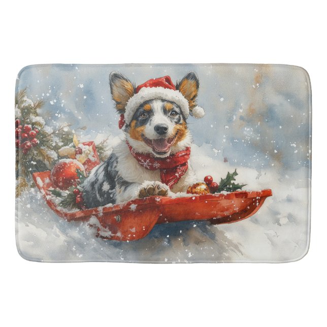 Australian Cattle in Sledge Let it Snow Christmas Bath Mat (Front)