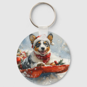 Australian Cattle in Sledge Let it Snow Christmas Keychain
