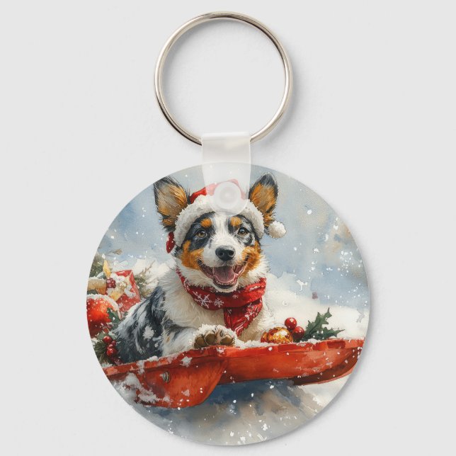 Australian Cattle in Sledge Let it Snow Christmas Keychain (Front)