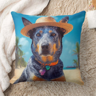 Australian Cattle on Beach,dog lovers summer gift Throw Pillow