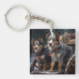Australian Cattle Snowy Sleigh Christmas Decor Keychain