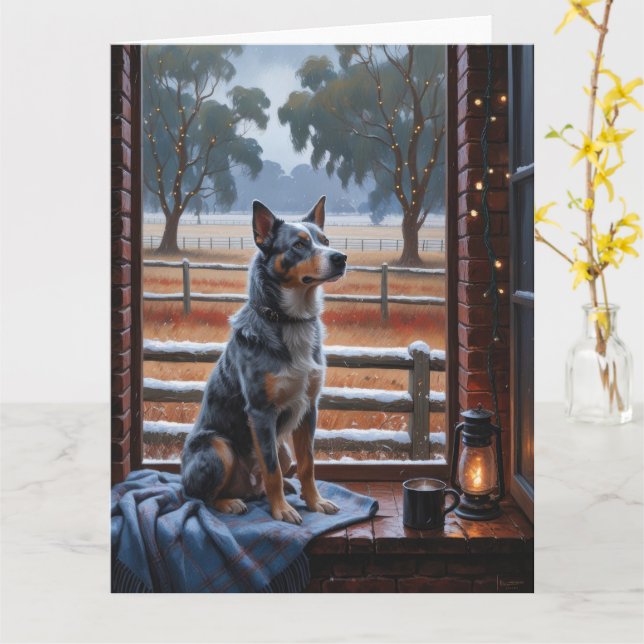 Australian Cattle With Christmas Lights Holiday Card (Yellow Flower)