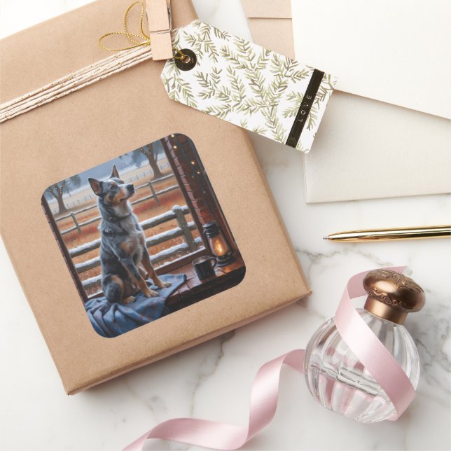 Australian Cattle With Christmas Lights Holiday Square Sticker (Gifting)