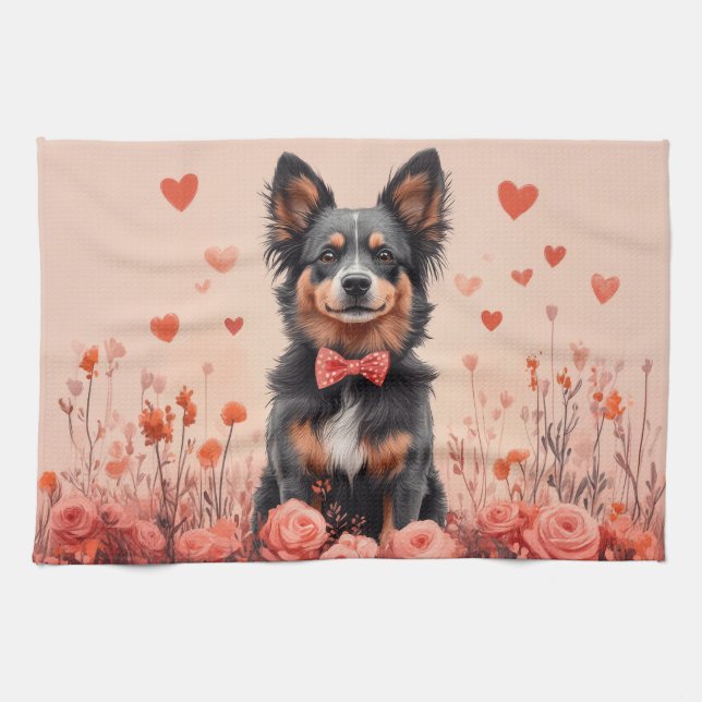 Australian Cattle with Roses - Valentine's Day Kitchen Towel (Horizontal)