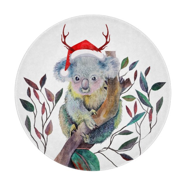 Australian Christmas Koala Santa Hat Red Green Cutting Board (Front)