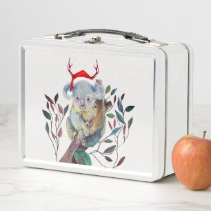 Australian Christmas Koala Santa Hat Red Green Metal Lunch Box
