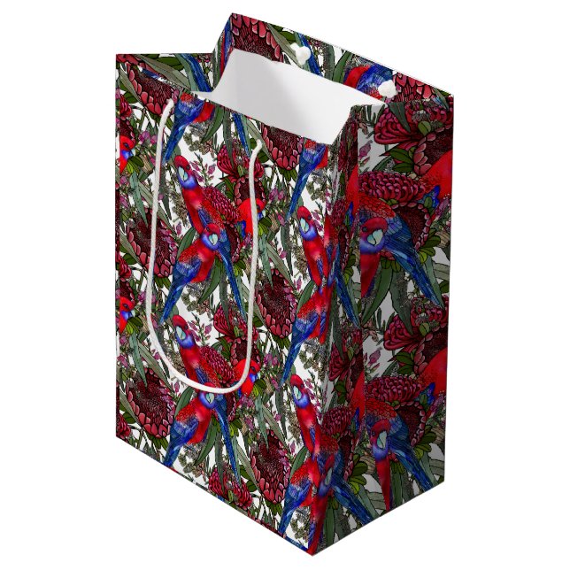 Australian Crimson Rosella and Wildflower Pattern Medium Gift Bag (Front Angled)