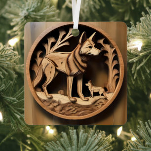 Australian Dingo Wood Carving, Metal Ornament