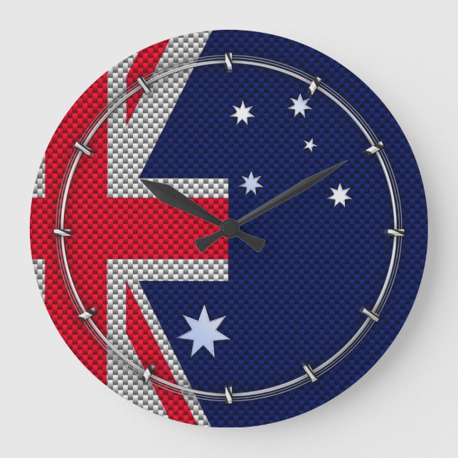 Australian Flag Design Carbon Fibre Chrome Style Large Clock (Front)