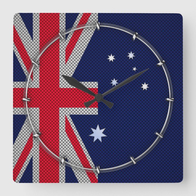 Australian Flag Design Carbon Fibre Chrome Style Square Wall Clock (Front)
