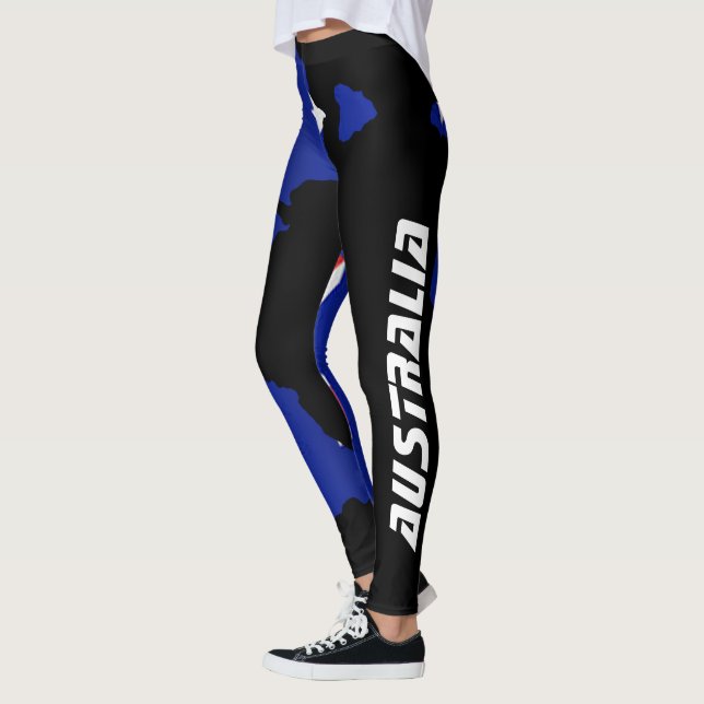 Australian Flag Design White Letters On black Leggings (Left)