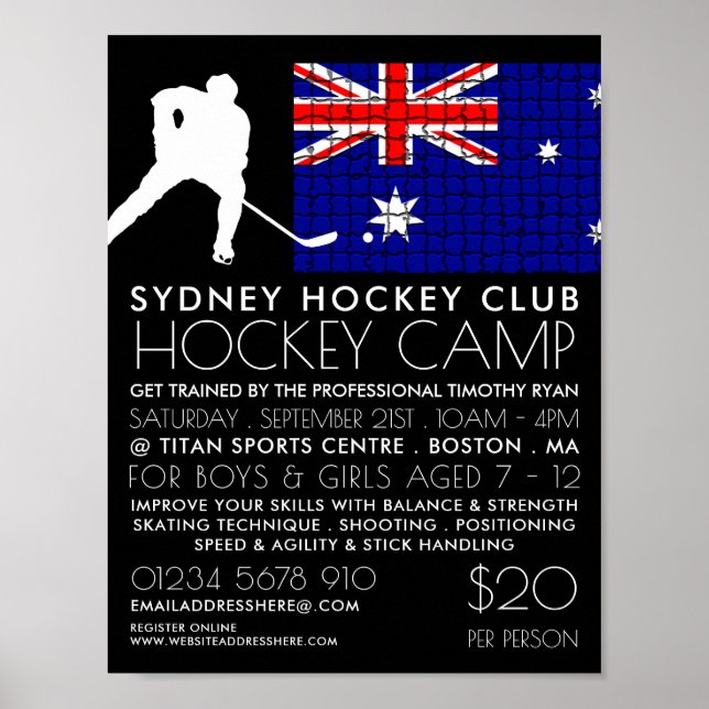 Australian Flag, Hockey Player, Camp Advertising Poster (Front)