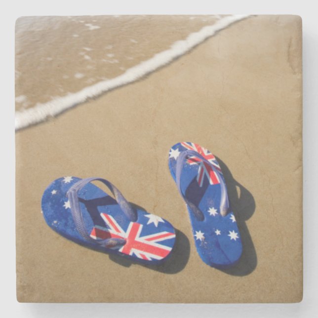 Australian Flag Thongs On Beach | South Wales Stone Coaster (Front)