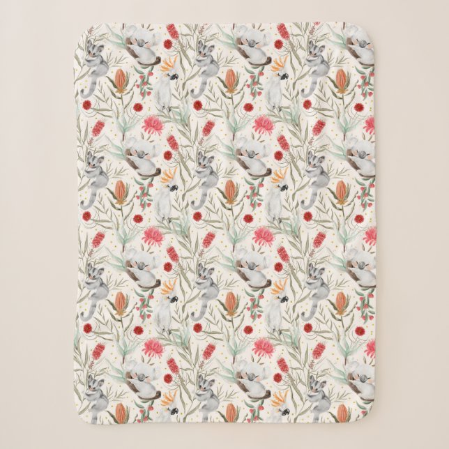 Australian Floral Pattern Koalas Possums Cockatoos Sherpa Blanket (Front)