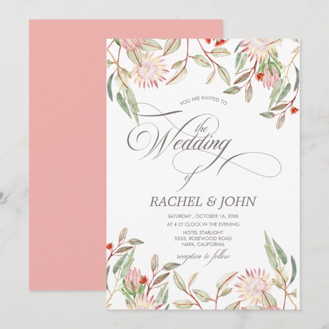 Australian Flowers Calligraphic Script Wedding Invitation (Front/Back)
