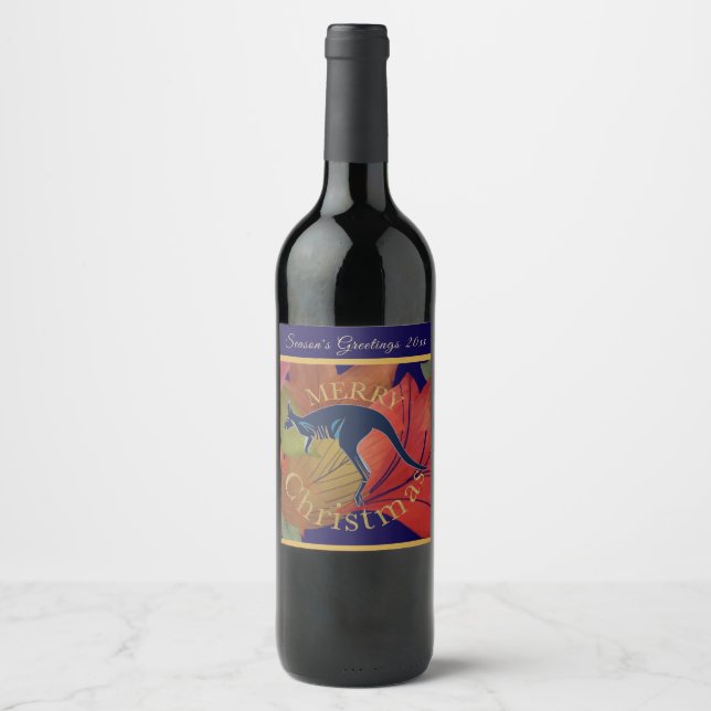 Australian kangaroo Merry Christmas customize Wine Label (Front)