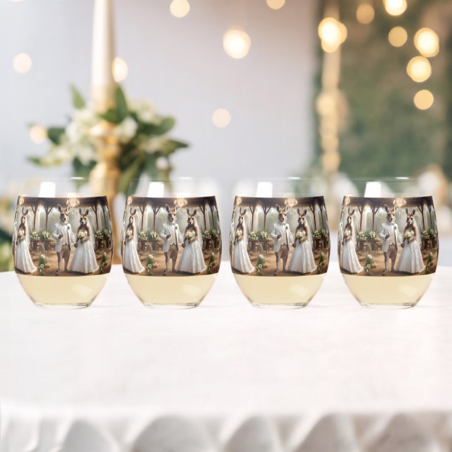 Australian Kangaroos White Wedding Ceremony, Stemless Wine Glass (Insitu (Wedding))