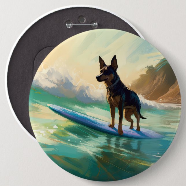 Australian Kelpie Beach Surfing Painting 6 Inch Round Button (Front & Back)