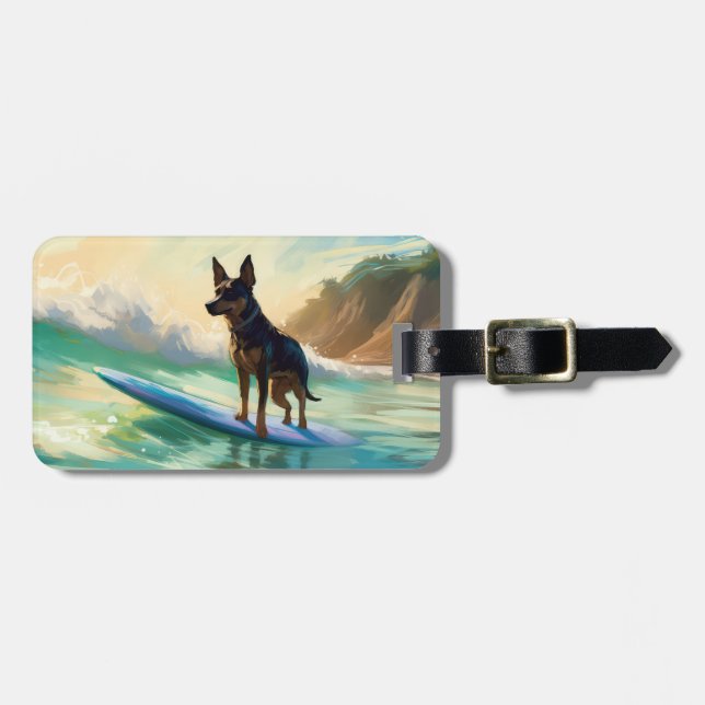 Australian Kelpie Beach Surfing Painting Luggage Tag (Front Horizontal)