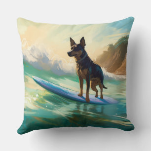 Australian Kelpie Beach Surfing Painting Throw Pillow