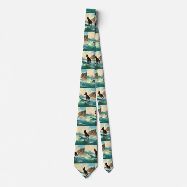 Australian Kelpie Beach Surfing Painting Tie (Front)